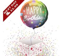'HAPPY BIRTHDAY' MULTICOLOURED WITH DOTS INFLATED FOIL BALLOON IN A BOX GIFT