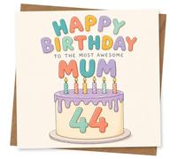 Happy Birthday Mum 44th Birthday Card, Colourful Cake Design for Mummy, Daughter, Son, from Family, Greeting Card
