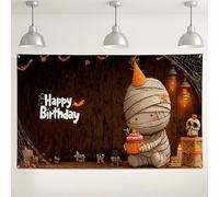 Happy Birthday Mummy Themed Backdrop, Cute Halloween Party Decorations, Spooky Indoor/Outdoor Photography Background, Fall Festive Booth Supplies 71x43 Inch