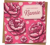 Happy Birthday Nannie Card - Pink Floral Peony Polka Dot Design - 145mm x 145mm Square Greeting Card with Kraft Envelope