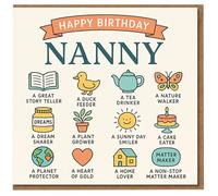 Happy Birthday Nanny Card - Cute Illustrated Traits: Great Story Teller, Duck Feeder, Tea Drinker, Nature Walker, Heart of Gold