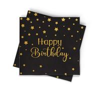 Happy Birthday Napkins - 50 Pack | 3-Ply Disposable Dinner Napkins with Gold Foil Stars for Party, Birthday Decorations, Adults, Kids, and Elegant Events (Black)