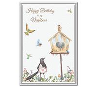 Happy Birthday Neighbour Card - Unique Style - Exclusive Fine Art Greetings - Unusual Design - Rustic Bird House - Garden and Birds - Special Keepsake for Women