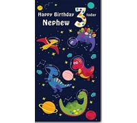 Happy Birthday Nephew 3 Today - Greeting Card with Lovely Verse - Outer Space Dinosaur Astronauts, Planets & Stars - Wee Nippers by Cardigan Cards