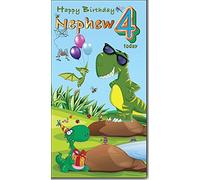Happy Birthday Nephew 4 Today How Exciting - Greeting Card with Lovely Verse - Cool Dinosaurs, Jurassic, Party Balloons & Gift - Wee Nippers by Cardigan Cards