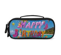 Happy Birthday on The Beach Pencil Case with Zipper - Large Capacity, Portable Small Cosmetic Bag for Travel, Vintage PU Leather Pencil Pouch for Women Men