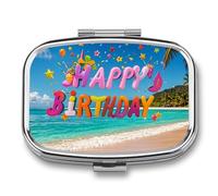 Happy Birthday on The Beach Pill Box, 2 Compartment Medicine Pill Case, Portable Pill Organizer for Pocket Or Purse Decorative Metal Medicine Vitamin Organizer