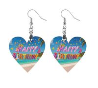 Happy Birthday on The Beach Wooden Earrings for Women, Vintage Elegant Wood Jewelry, Lightweight Earrings for Wedding, Party, Everyday Jewelry Gift, Love, Wood, wood
