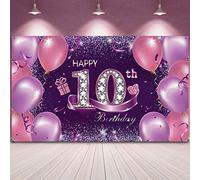 Happy Birthday Party Decorations - Large Fabric Pink Purple 10th Anniversary Sign Banner Photo Booth Backdrop for Girls, 72.8 x 43.3 Inch