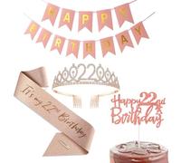 Happy Birthday Party Favor Supplies - Rose Gold Tiara & Sash, Cake Topper, Banner & Decorations for Women's 22nd Birthday