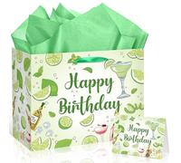 Happy Birthday Party Gift Bag for Girls Margarita Theme Happy Birthday Wrapping Paper with Tissue Paper Greeting Card Green Gift Wrap Bags with Ribbon Handle for Kid Baby Shower Decor Supplies