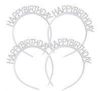 Happy Birthday Pearl Headband Set - Pack of 4 Silver Headbands for Girls & Women, Stylish Birthday Party Accessories & Decorations, Elegant Rhinestone Design, One Size Fits All