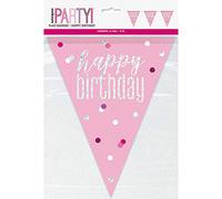 "Happy Birthday" Plastic Pennant Banner - 9' | Pink and Silver | 1 Pc.