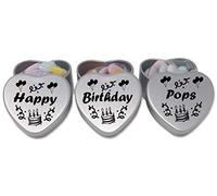 Happy Birthday Pops Gift. Set of 3 Silver Mini Heart Tins Filled With Chocolate Dragees. Ideal for Birthday. Tin size 45mm x 45mm x20mm. (Pops)