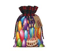Happy Birthday -Print Multi-Colored Burlap Drawstring Bags, Eco-Friendly Plaid Pouches For Wedding Party Favors & Custom Packaging. S
