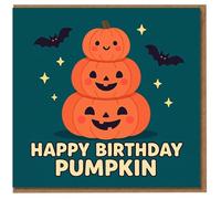 Happy Birthday Pumpkin Card - Cute Stacked Pumpkins with Bats and Stars - Halloween Birthday Pun Design