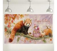 Happy Birthday Red Panda Backdrop, Autumn Forest Wildlife Theme Decorations, Cute Party Supplies for Fall Festivals and Birthdays 71x43 Inch