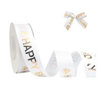 Happy Birthday Ribbon - Double Faced Satin, 25 Yards, White, 25mm