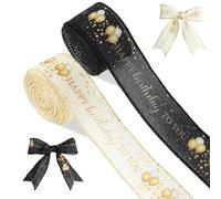 Happy Birthday Ribbon for Gift Wrapping 2 Rolls 10 Yards Black and White Gift Ribbon 1.5 Inch Birthday Burlap Wired Ribbons for Crafting Party Decortions Cake Box Wreath Bouquet Bows Making