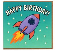 Happy Birthday Rocket Card - Colourful Space Theme with Cartoon Rocket and Stars - Fun Kids Birthday Card for Boys or Girls