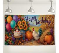 Happy Birthday Rustic Farm Theme Backdrop, Vibrant Harvest Autumn Decorations, Rooster Cake Balloon Indoor/Outdoor Photo Background for Parties, Fall Festival Celebrations 71x43 Inch