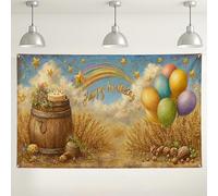 Happy Birthday Rustic Wall Backdrop, Wheat Field Vintage Party Decorations, Colorful Balloons Photo Background for Celebrations, Autumn Season Events 71x43 Inch