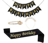 Happy Birthday Sash Gold Foil Clip-on Adjust All-fit Crown Embellished Rhinestones Brooch for Women Girls Happy Birthday, Black, One Size