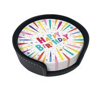 Happy Birthday,Set of 6 Round Coasters, Pu Leather Drinks Coasters with Holder for Home Office Kitchen