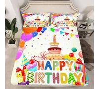 Happy Birthday Single Fitted Sheet Happy Birthday Bed Sheets Deep Pocket 12 inch Soft Cozy 3 Piece Microfibre 3D Bed Sheet 90x190 cm with 2 Pillowcases 50x75 cm qq3231