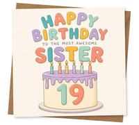 Happy Birthday Sister Card, 19th Birthday Card for Sister with Colourful Cake Design, Cute Greetings