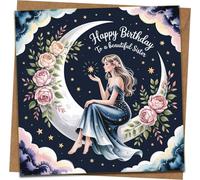 Happy Birthday Sister Card: Moon & Stars Floral Design, To a Beautiful Sister Message, 145mm x 145mm Square Greeting Card with Kraft Envelope