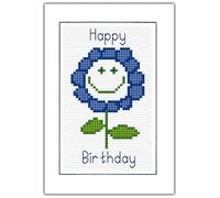 Happy Birthday, Smiley Flower Design (Red, Pink, Purple, Blue, Aqua & Yellow) - 14 Count Cross Stitch Card Kit Free 2nd Class/RM48 P+P (Blue)