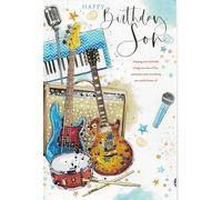 Happy birthday son card. Guitar & music theme. 9 x 6 inches. OE.