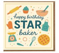 Happy Birthday Star Baker Card - Baking Icons with Whisk, Rolling Pin, Apron, Cupcake & Pie - Cute Birthday Card for Baker, Chef or Cake Lover