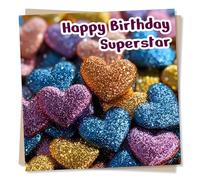 Happy Birthday Superstar - Shining Hearts - Perfect Card for Loved One, Friend, Best Friend, Wife, Girlfriend, Colleague - Birthday Card For A Superstar