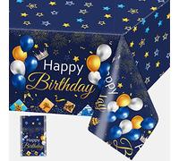 Happy Birthday Table Cloth Blue, Disposable Plastic Birthday Party Tablecloth with Balloons Star, 108*54 Inch Waterproof Thin Dining Table Cover Decorations for Boys Men Birthday Wedding Baby Shower