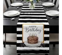 Happy Birthday Table Runner 13x48 Inches Long Watercolor Cake Colored Candle Candy Black Stripes Cotton Linen Table Runner Burlap Style for Dinner Table Party Decor Tabletop Decorations