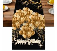 Happy Birthday Table Runner, Golden Gradient Balloons Ribbons Romantic Black Cotton and Table Linen Runner for Kitchen Dining Home Decor for Party Festival Holiday Decoration Gift 13x48in