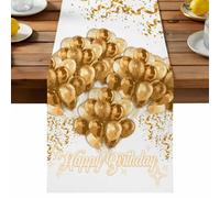 Happy Birthday Table Runner, Golden Gradient Balloons Ribbons Romantic Cotton and Table Linen Runner for Kitchen Dining Home Decor for Party Festival Holiday Decoration Gift 13x48in