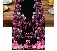 Happy Birthday Table Runner, Pink Balloons Ribbons Romantic Gifts Champagne Cotton and Table Linen Runner for Kitchen Dining Home Decor for Party Festival Holiday Decoration Gift 13x48in