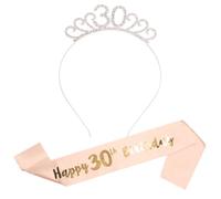 Happy Birthday Tiara Headband, Silver Crown with Rose Gold Sash, 18/30/40/50/60 Years (30th Crown and Sash)