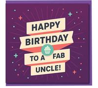 Happy Birthday To A Fab Uncle Card - Bold Retro Ribbons with Cupcake and Star Bursts - Fun Colourful Uncle Birthday Card