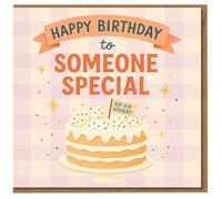 Happy Birthday to Someone Special Card - Cute Cake Design with 'Hip Hip Hooray!' Flag - Pastel Gingham - Birthday Card for Friends, Family or Partner