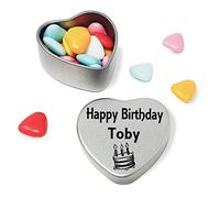 Happy Birthday Toby Mini Silver Heart Shaped Tin Gift filled with chocolates Great Birthday present for Toby Show somebody you are thinking of them
