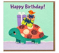 Happy Birthday Tortoise Card - Cute Animal with Presents and Little Bird - Fun Kids Birthday Greeting Card