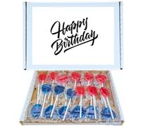 Happy Birthday Treat Box | Red & Blue Mixed Heart Lollipop Box With 15 Cherry & 15 Blue Raspberry Heart Lollipops Sweet & Tangy Birthday Candy Gift for Him or Her Bonbon Snack