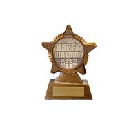 Happy Birthday Trophy Award Premier Star Antique Gold 120mm Heavy Resin Celebration Free Engraving -troshow1-trd-g