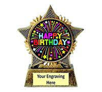 Happy Birthday Trophy Star 90mm Award Antique Gold Celebration Congratulations Free Engraving - A