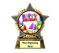 Happy Birthday Trophy Star 90mm Award Antique Gold Celebration Congratulations Free Engraving - B