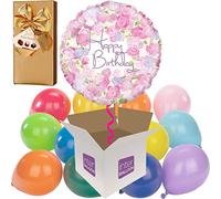 Happy Birthday Vintage Floral Helium Inflated Balloon with 12 Mini Colourful Air-Filled Balloons and Hamlet Chocolates all delivered in a box